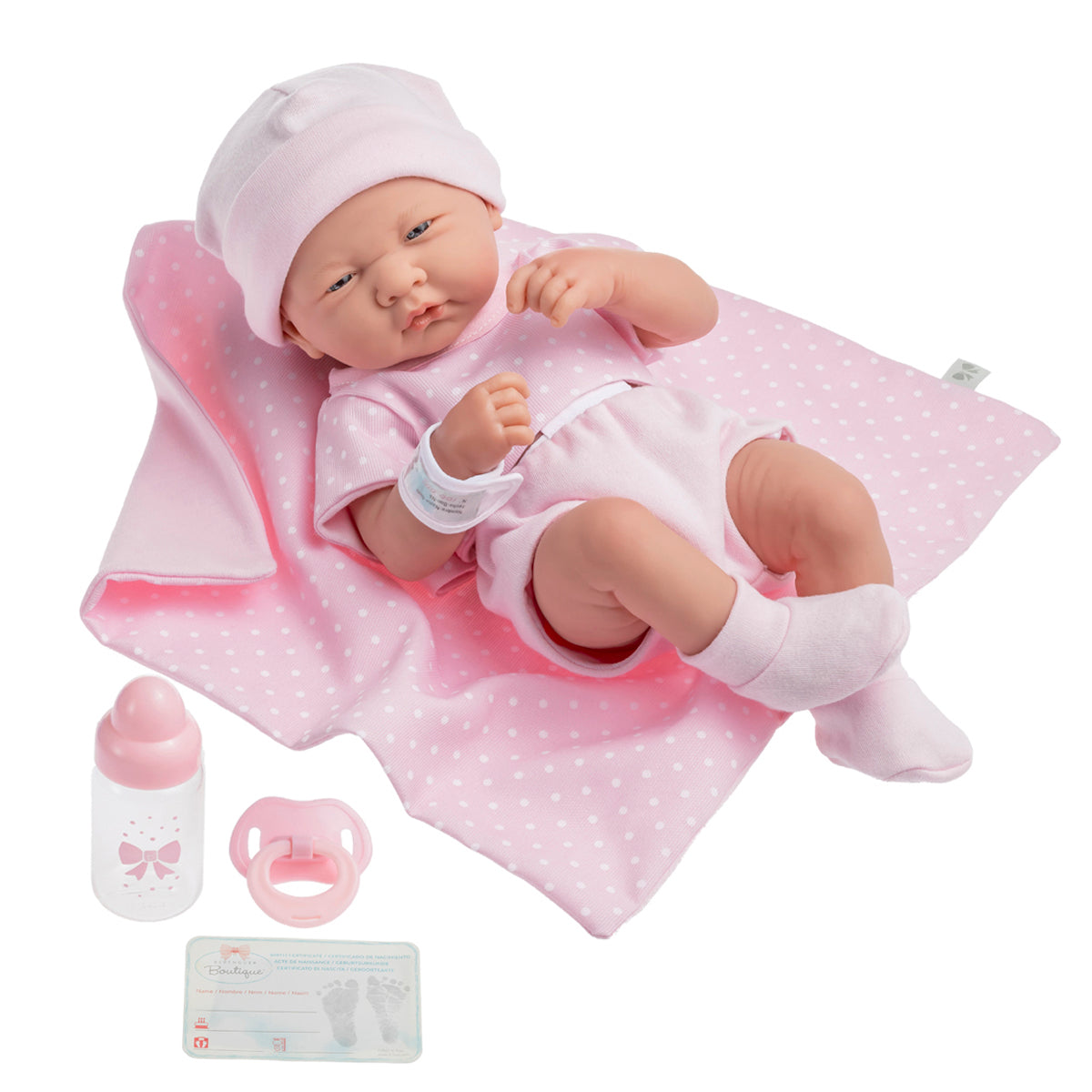 JC Toys, La Newborn Boutique 14 Inch Real Girl Doll-Pink Outfit 9 Pcs Gift Set