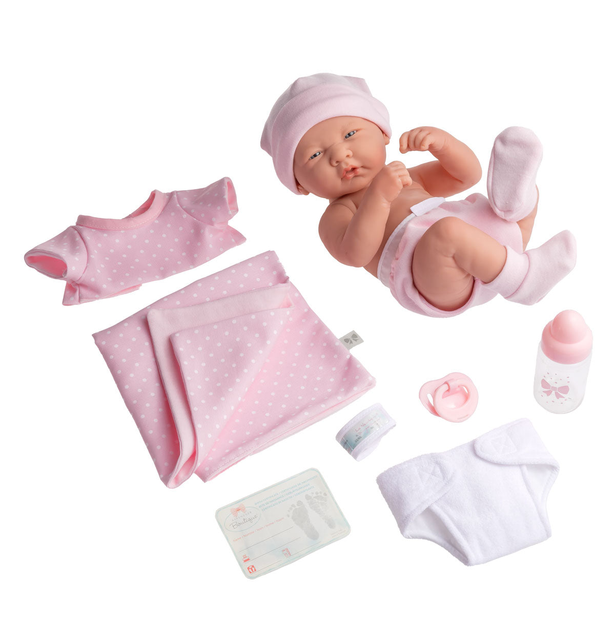 JC Toys, La Newborn Boutique 14 Inch Real Girl Doll-Pink Outfit 9 Pcs Gift Set