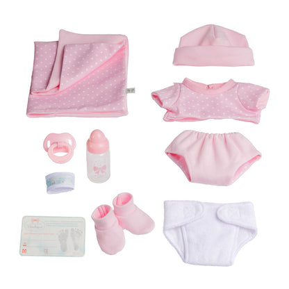 JC Toys, La Newborn Boutique 14 Inch Real Girl Doll-Pink Outfit 9 Pcs Gift Set