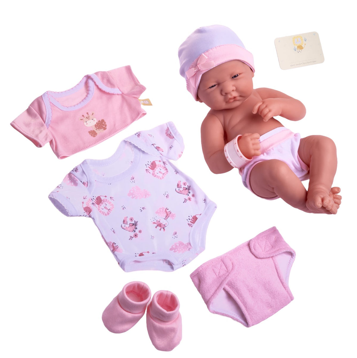 La Newborn nursery 14 inch baby doll in pink with the eight piece layette set including bodysuit, booties, hat and hospital bracelets