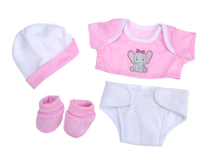 Baby clothing set with pink shirt, white pants, socks, and hat on a white background