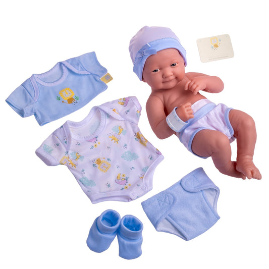 JC Toys, La Newborn Nursery 8 Pc Blue Layette Baby Doll Gift Set, 14 inch Life-Like Smiling Doll