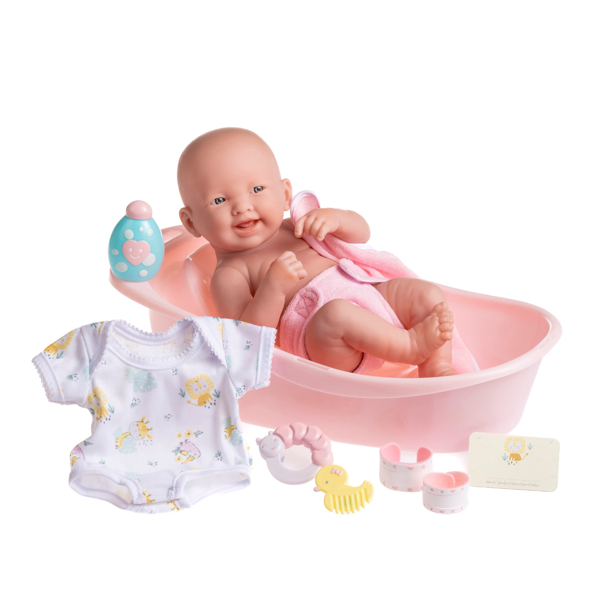 La Newborn 14 inch all vinyl doll with a pink bathtub, pacifier, baby bottle, shampoo and wipes container