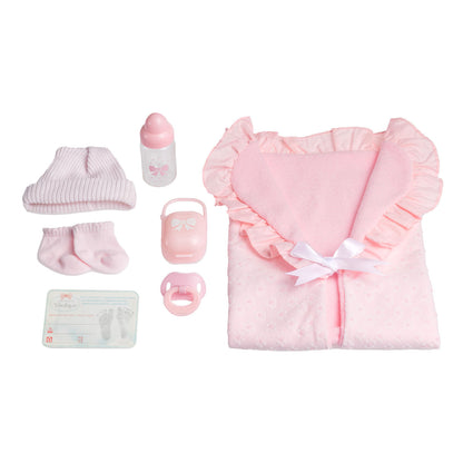 JC Toys, Soft Body La Newborn African American Baby Doll 15.5in-Pink Layette Set