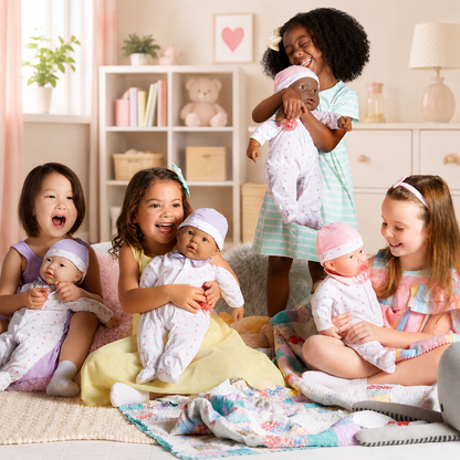 Five young girls are gathered in a cozy, brightly lit room, each holding or playing with a baby doll. The scene is highly colorful and playful, featuring pastel-colored clothing, patterned quilts, and a soft-focus background with toys and books.