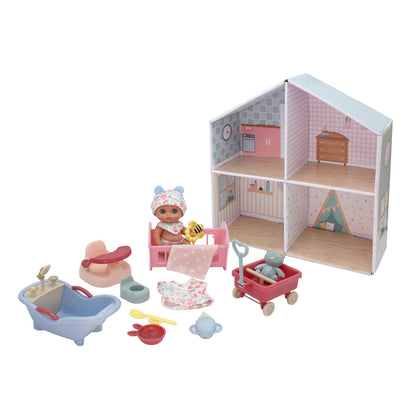 Pastel Lil’ Cutesies 5.5” all vinyl baby doll playhouse set with doll, furniture, and accessories.