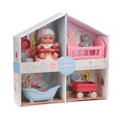 Pastel vinyl baby dollhouse set with a 5.5" doll, crib, bathtub, and accessories.