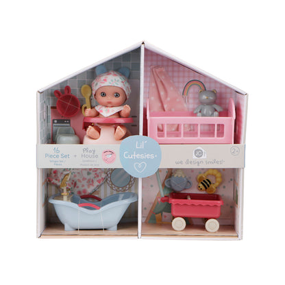 Lil’ Cutesies® 5.5” All Vinyl Baby Doll Playhouse Set – 16 Piece Dollhouse with Furniture & Accessories