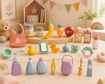 Colorful toy kitchen set with various items on a wooden surface, including bottles, fruits, and utensils.