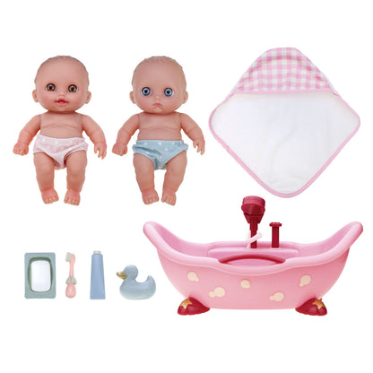 Lil’ Cutesies twin baby dolls, pink bathtub with working shower, hooded towel, and bath accessories.