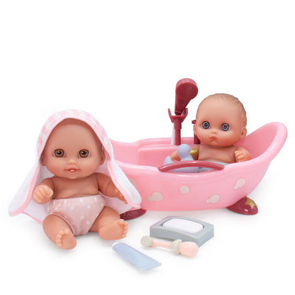 Pink Lil' Cutesies twin baby doll bathtub playset with working shower, two 8.5" dolls, towel, and bath accessories.