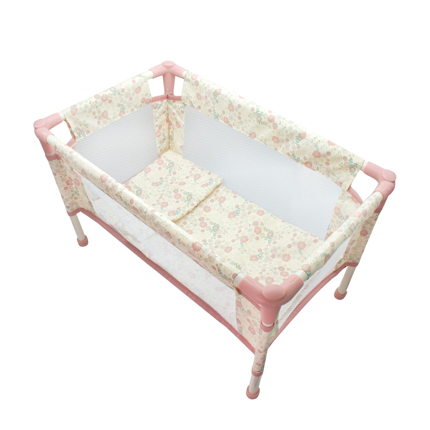 Pink crib with floral pattern on a white background