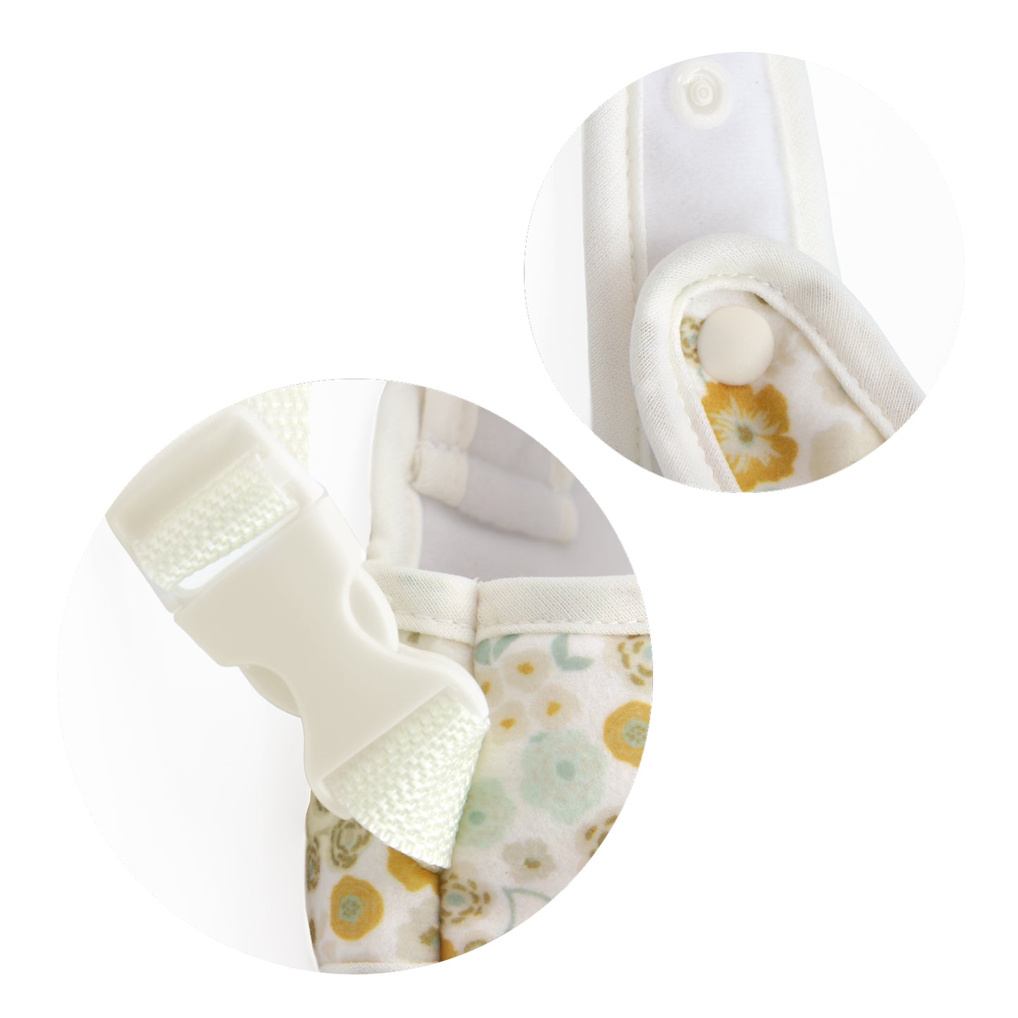 Close-up detail shots of a baby garment or diaper cover showing a white plastic buckle strap and a floral patterned fabric panel on a white background.