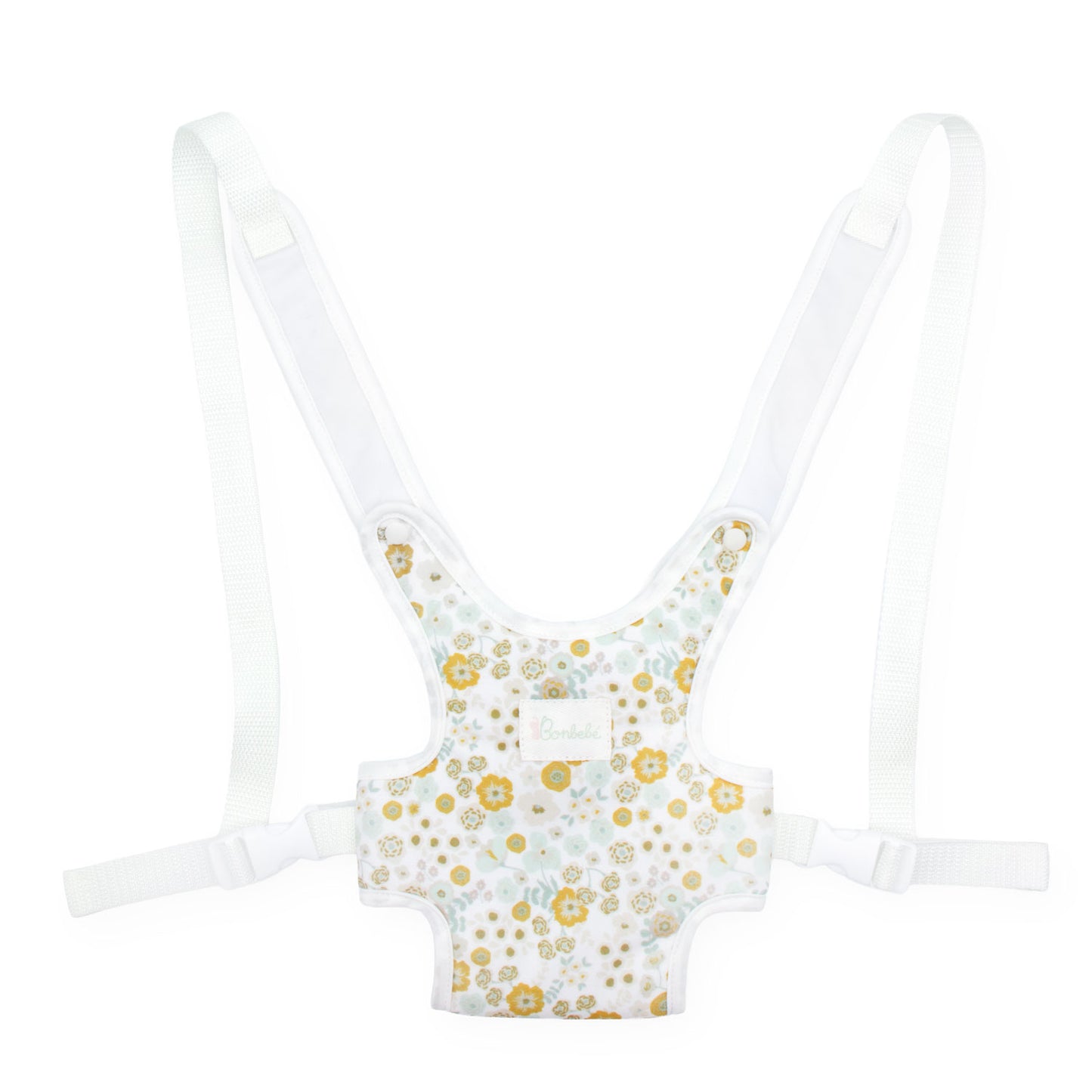 A baby hip seat support harness with adjustable white shoulder straps and a white fabric body decorated with a gold and light blue floral pattern, shown against a plain white background.