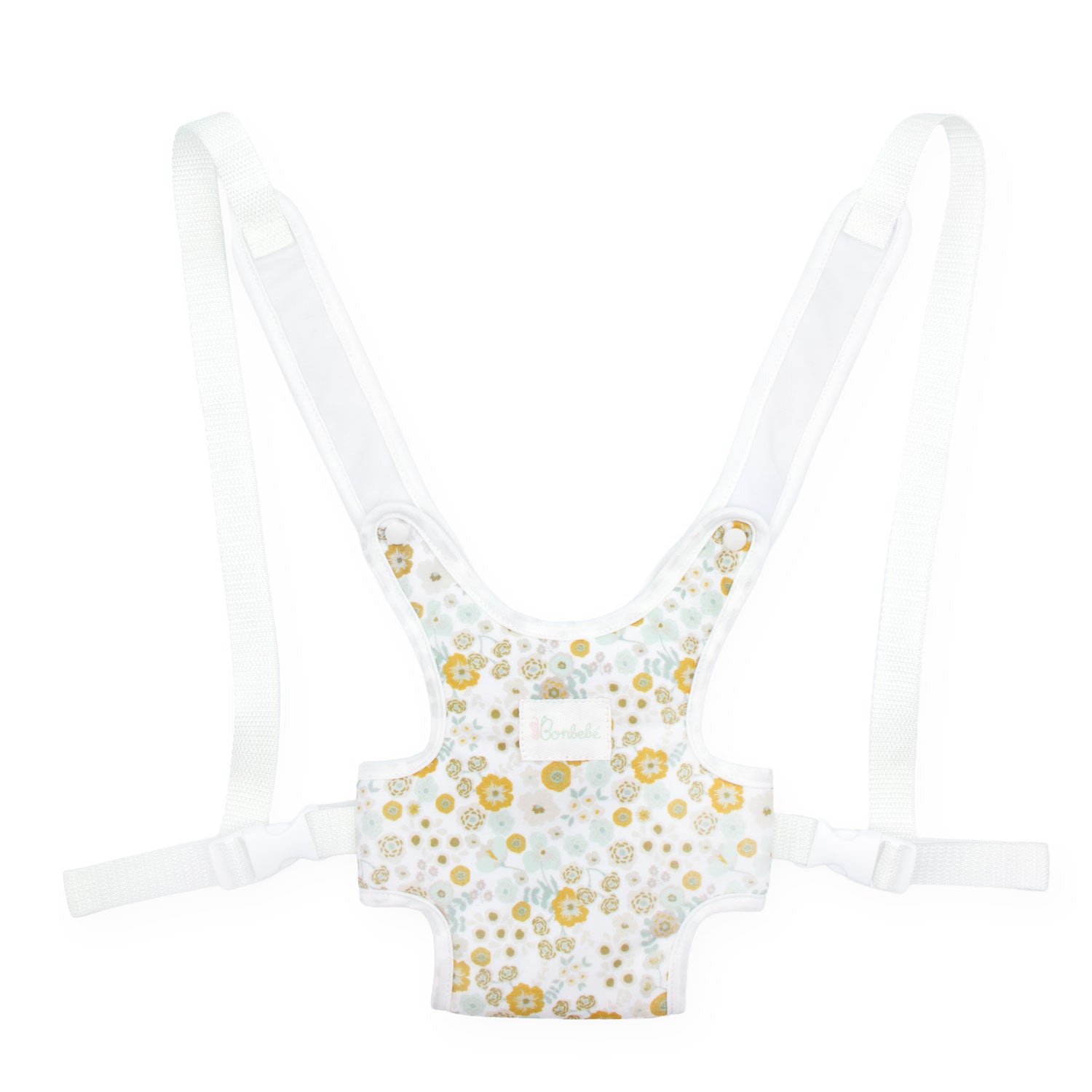 A baby hip seat support harness with adjustable white shoulder straps and a white fabric body decorated with a gold and light blue floral pattern, shown against a plain white background.