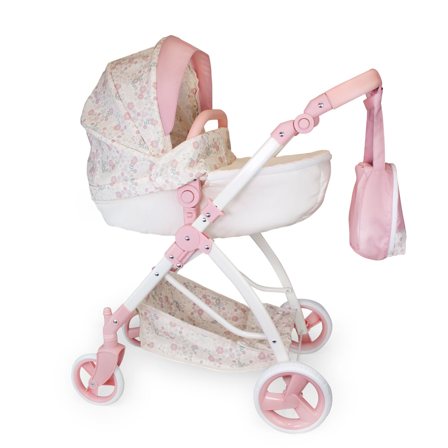 Pink and beige baby stroller with floral pattern on a white background