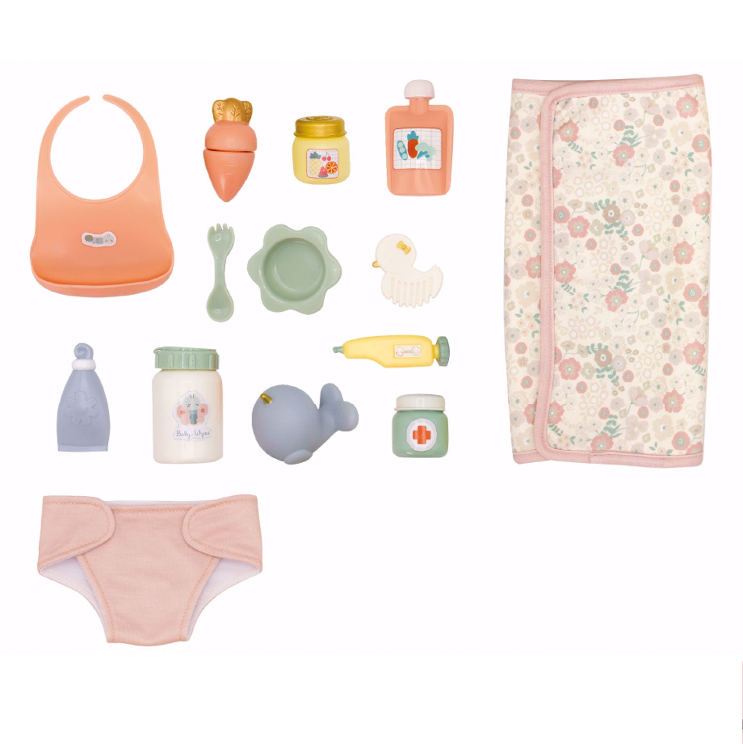 Collection of baby items including a bib, toys, and a blanket on a white background