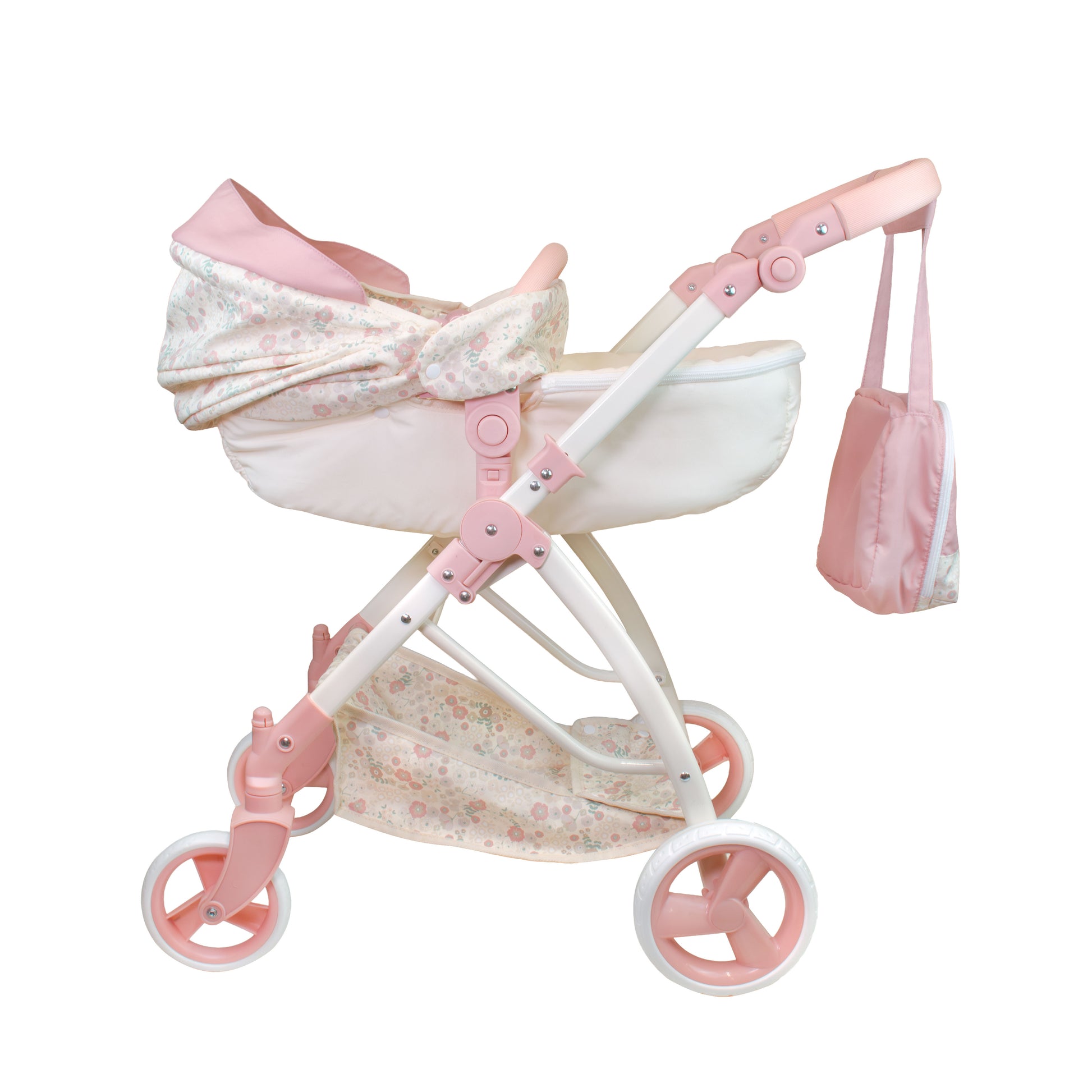 Pink and white doll stroller with canopy and bag on a white background