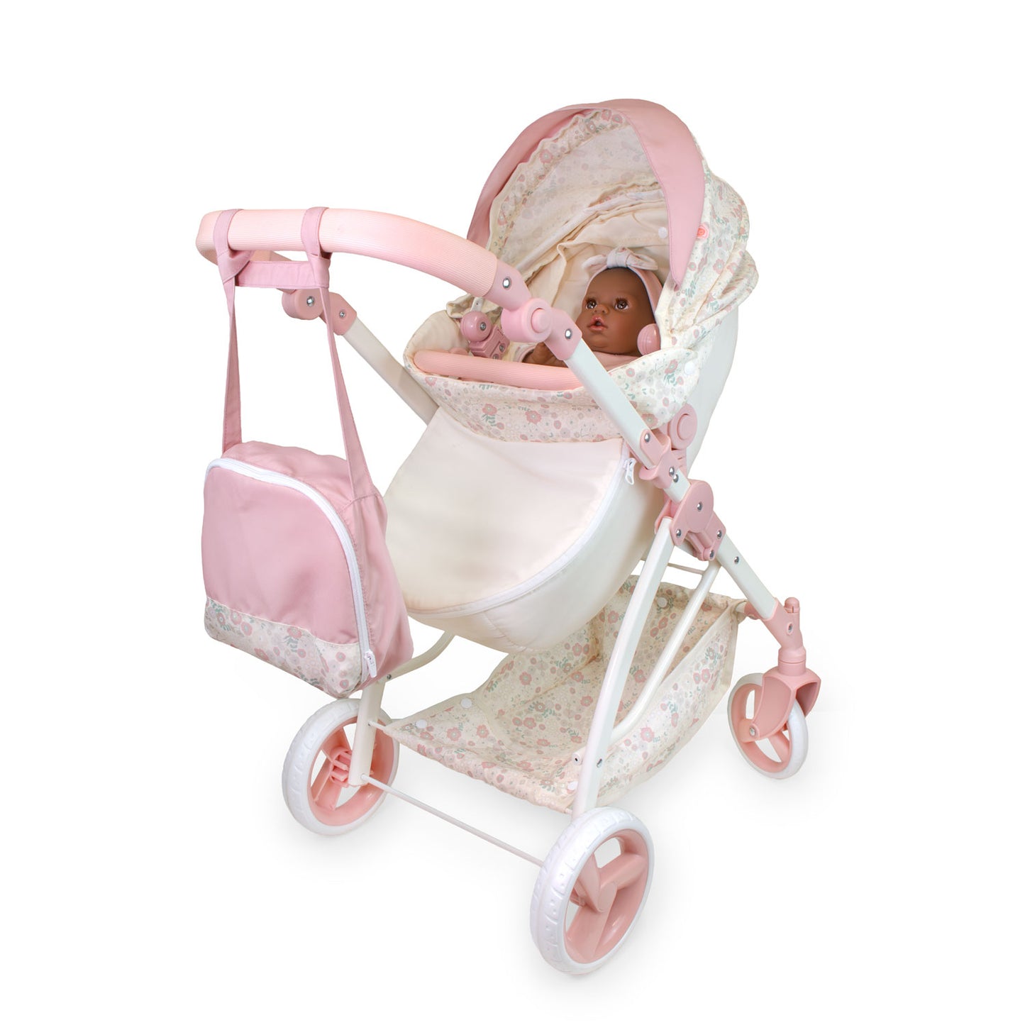 Pink and white doll stroller with a doll inside on a white background