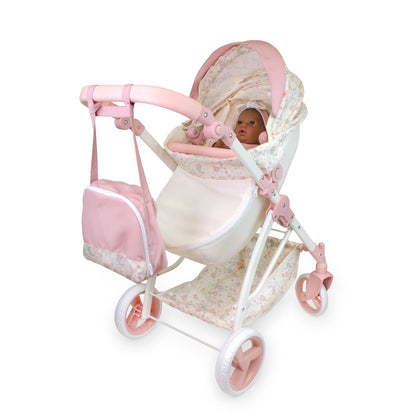 Pink and white doll stroller with a doll inside on a white background