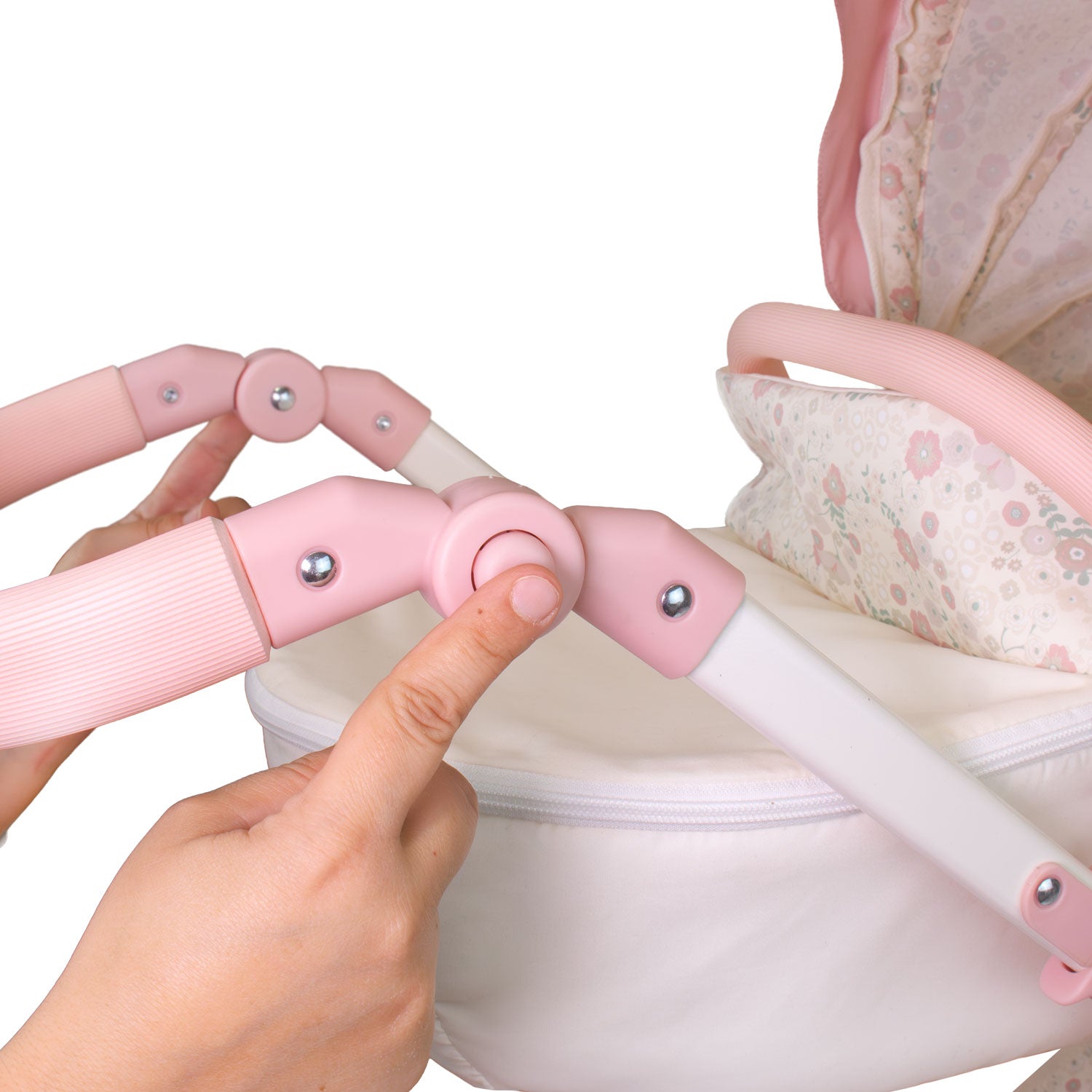 Pink baby stroller handle with a hand adjusting it, on a white background