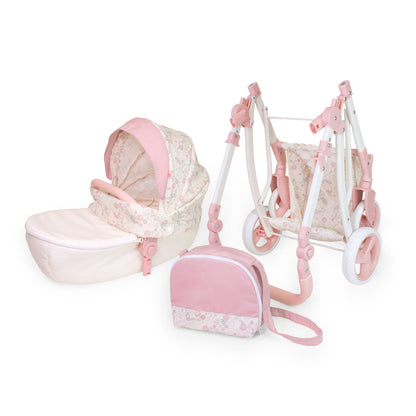 Pink and beige baby stroller set on a white background