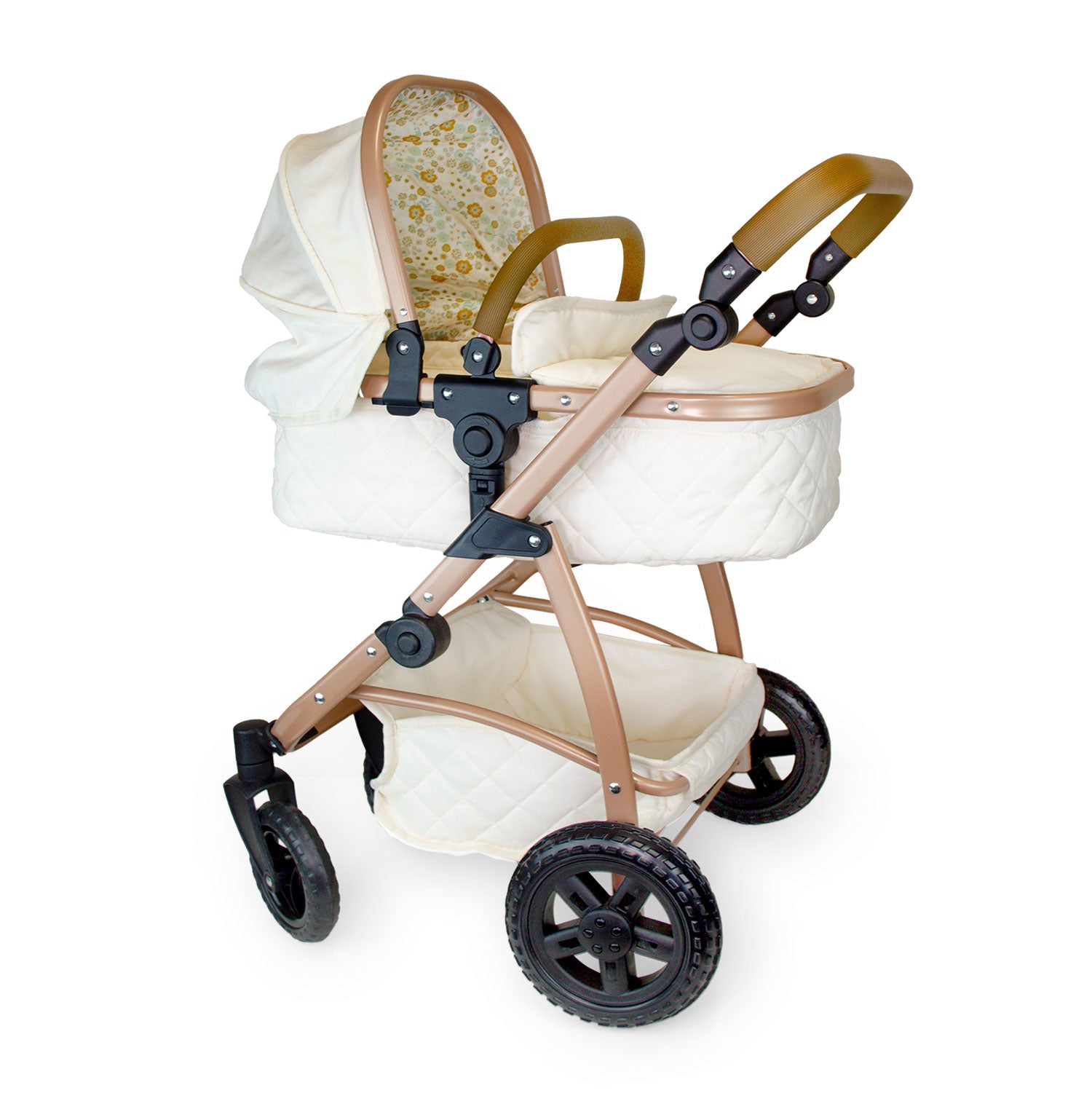 Beige and brown baby stroller with white canopy on a white background