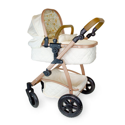 Beige and brown baby stroller with white canopy on a white background
