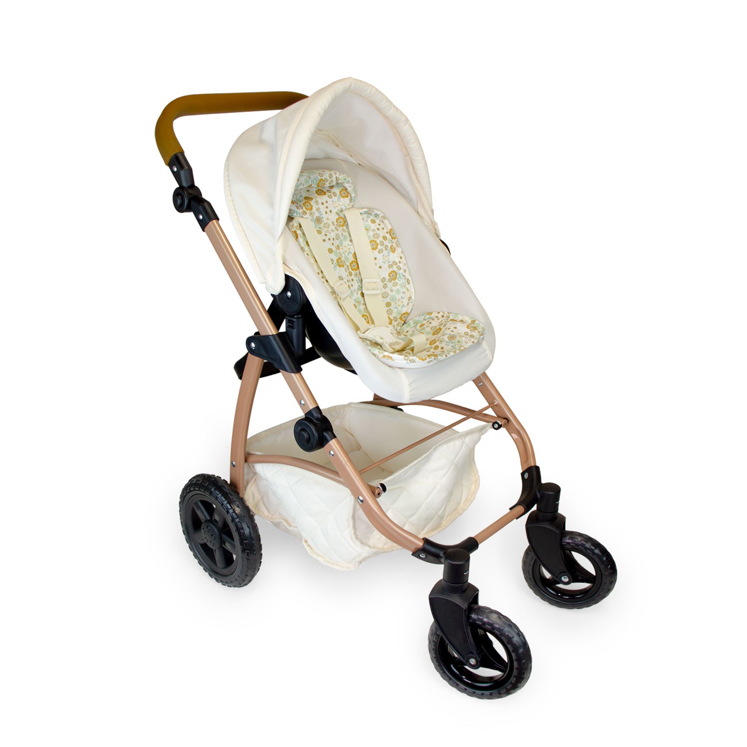 Baby stroller with beige canopy and floral pattern on a white background
