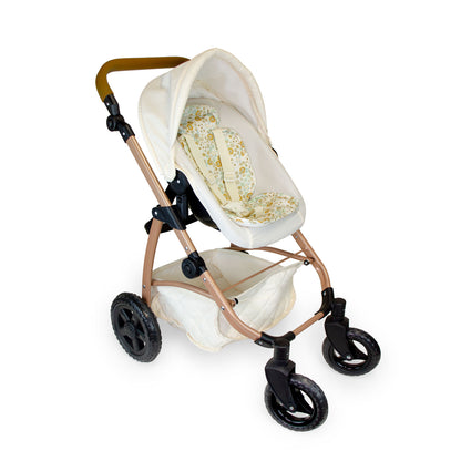 Baby stroller with beige canopy and floral pattern on a white background