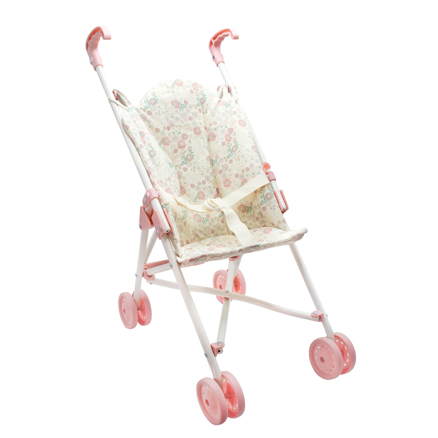 Pink and white doll stroller with floral canopy on a white background