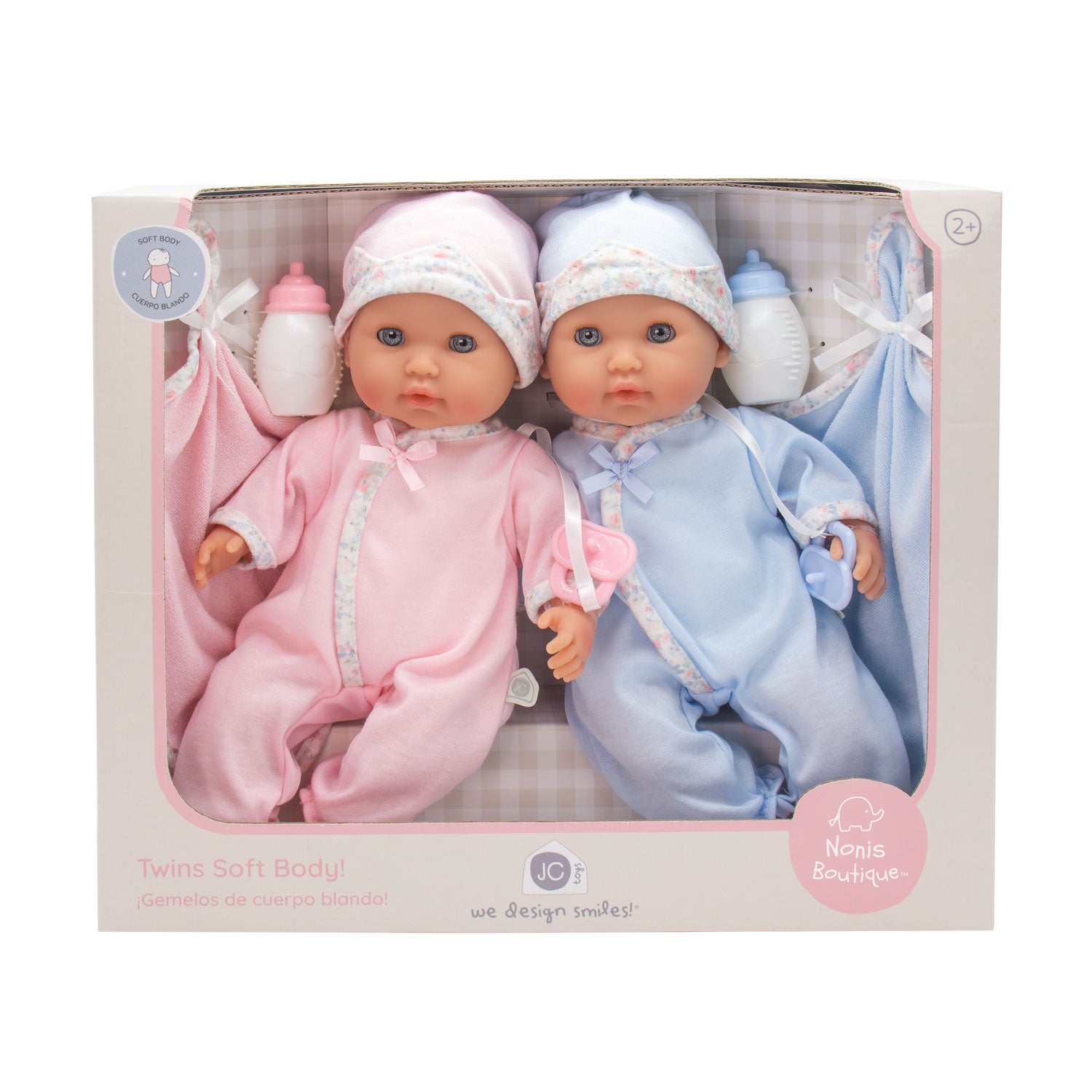 12.5" Twin Nonis soft-body boy and girl dolls in pink and blue outfits with bottles and blankets.