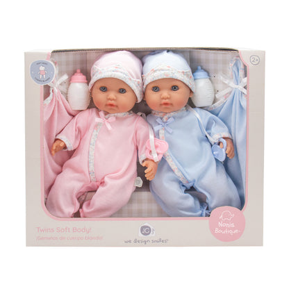12.5" Twin Nonis soft-body boy and girl dolls in pink and blue outfits with bottles and blankets.