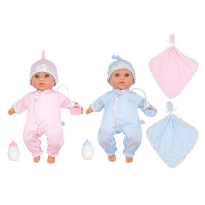 12.5" soft-body twin baby dolls, boy in blue, girl in pink, with matching hats, bottles, and blankets.