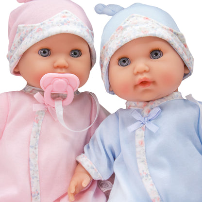 12.5" twin baby dolls: a girl in pink with a pacifier and a boy in blue, both with floral hats.