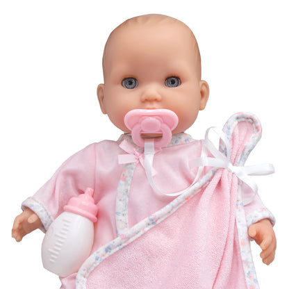12.5" soft-body baby doll in pink outfit with pacifier, bottle, and blanket.