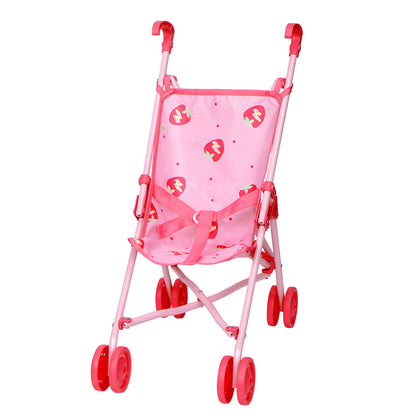 A pink folding doll stroller with a strawberry print design, featuring a grey frame and doll strap.