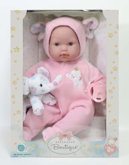 Berenguer Boutique Pink Soft Body 15" Baby Doll Open/Close Eyes w/Play Elephant For Children 2+