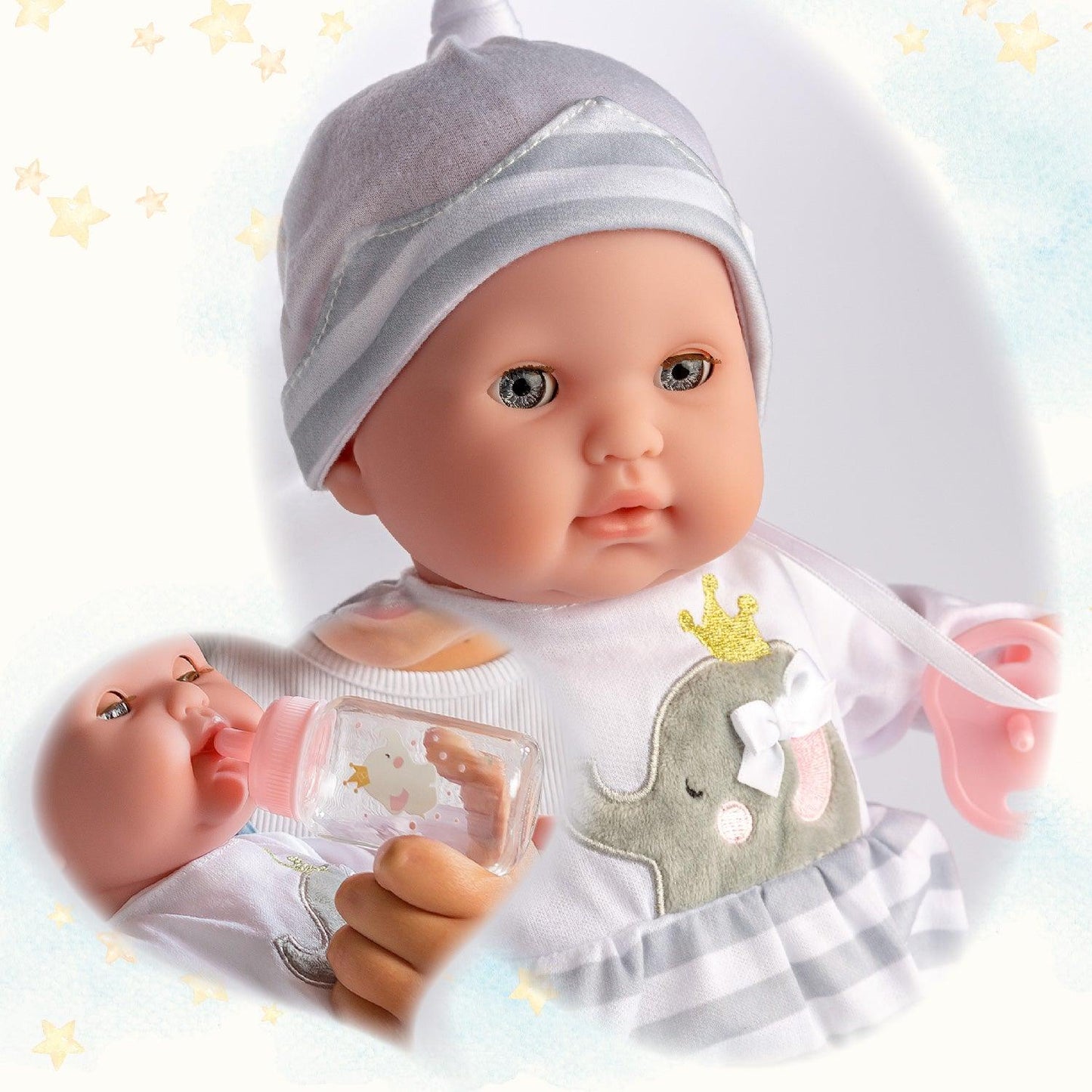 Berenguer Boutique 15" Soft Body Baby Doll Open/Close Eyes with Grey Outfit