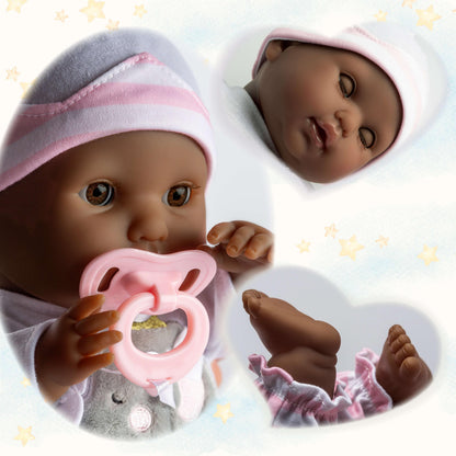 Berenguer Boutique 15" Realistic Soft Body African American Baby Doll Open/Close Eyes 10 Pcs. Set