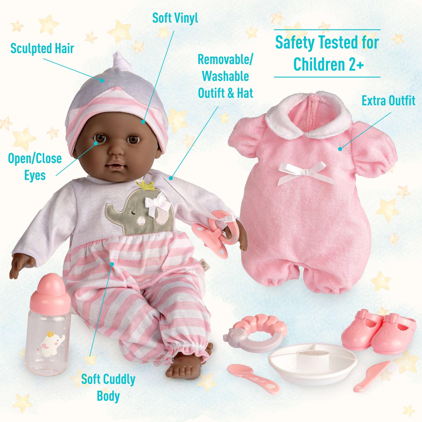 Berenguer Boutique 15" Realistic Soft Body African American Baby Doll Open/Close Eyes 10 Pcs. Set