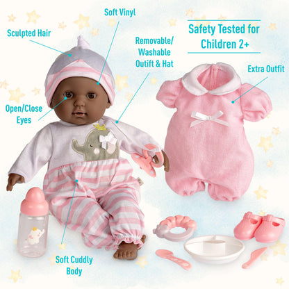 Berenguer Boutique 15" Realistic Soft Body African American Baby Doll Open/Close Eyes 10 Pcs. Set