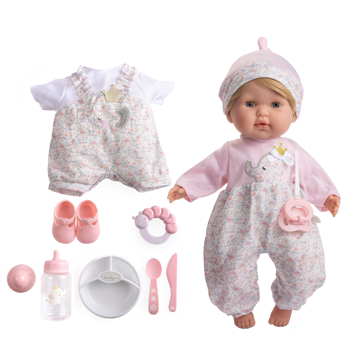 Berenguer Boutique 15" Realistic Soft Body Baby Doll Blonde Hair Open/Close Eyes 10 Pcs. Set | Pink | Ages 2+
