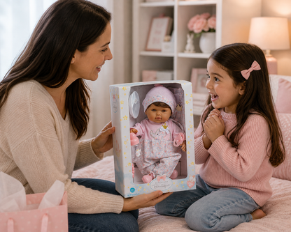 Woman and child with a baby doll in a box on a bed