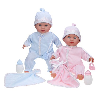 12.5" twin baby dolls: boy in blue, girl in pink, with bottles and blankets.