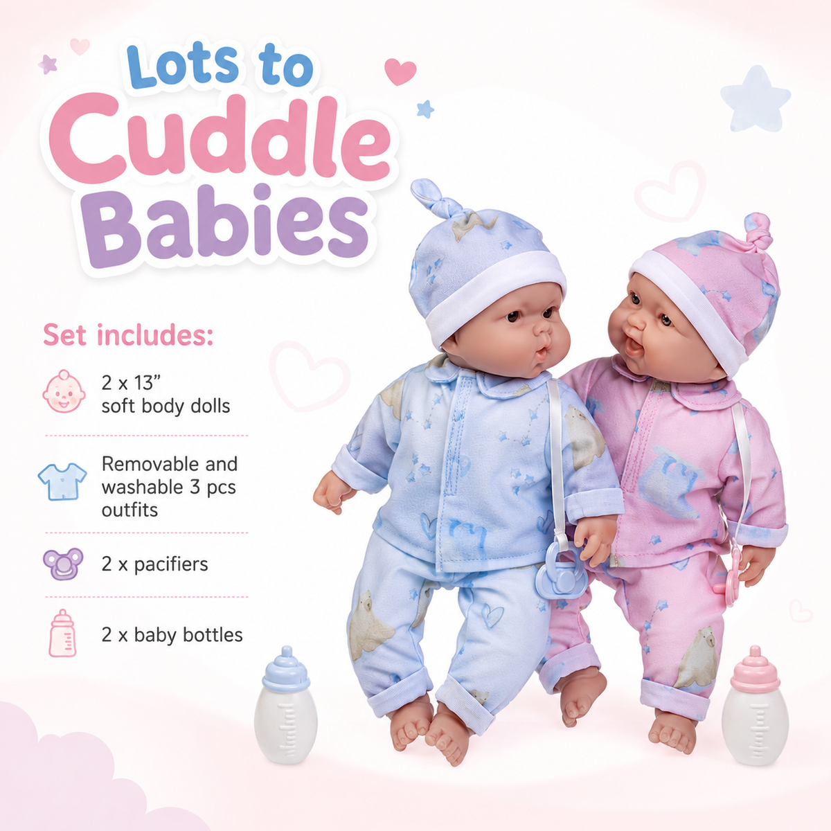 JC Toys, Lots to Cuddle Babies 13 inches Like life Twins Soft Body Baby Dolls