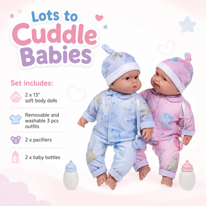 JC Toys, Lots to Cuddle Babies 13 inches Like life Twins Soft Body Baby Dolls