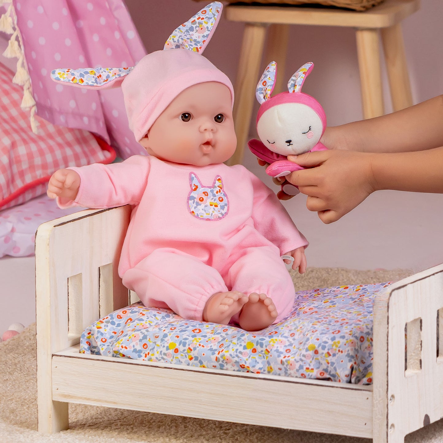 JC Toys Lots to Cuddle Babies 15” Soft Body Doll with Bunny Friend – Includes Plush with Velcro Attachment, Pink Outfit