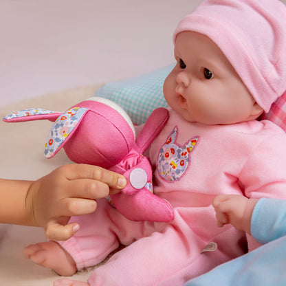 JC Toys Lots to Cuddle Babies 15” Soft Body Doll with Bunny Friend – Includes Plush with Velcro Attachment, Pink Outfit