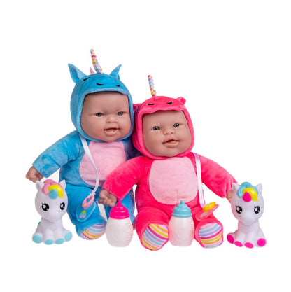 Two unique-themed soft body baby dolls with blue and pink outfits, complete with pacifiers and baby bottles. The dolls are designed to look realistic with detailed vinyl heads.